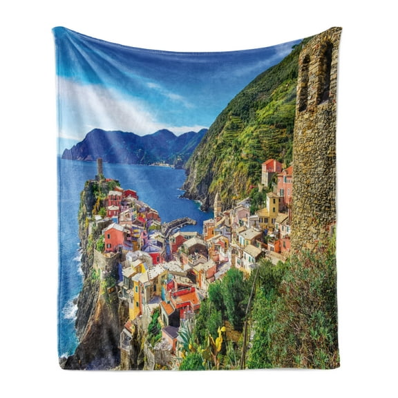 Colorful Soft Flannel Fleece Throw Blanket, Scenic Image of Vernazza Village in Cinque Terre Northern Italy, Cozy Plush for Indoor and Outdoor Use, 70" x 90", Cobalt Blue and Multicolor, by Ambesonne