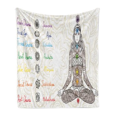Colorful Soft Flannel Fleece Throw Blanket, Sketch Image of Yoga Posed Girl in Peace with Spots Design Relaxation, Cozy Plush for Indoor and Outdoor Use, 60" x 80", Multicolor, by Ambesonne