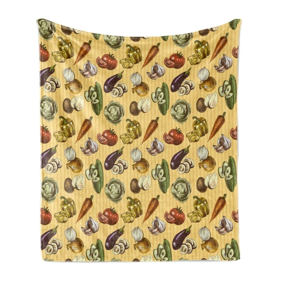 Colorful Soft Flannel Fleece Throw Blanket, Sketchy Hand Drawn Style Image of Vegetables Fruits with Striped Coral Backdrop, Cozy Plush for Indoor and Outdoor Use, 50" x 70", Multicolor, by Ambesonne