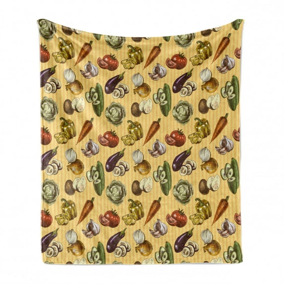 Colorful Soft Flannel Fleece Throw Blanket, Sketchy Hand Drawn Style Image of Vegetables Fruits with Striped Coral Backdrop, Cozy Plush for Indoor and Outdoor Use, 70" x 90", Multicolor, by Ambesonne
