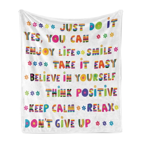 Colorful Soft Flannel Fleece Throw Blanket, Slogans with Cheerful Funny Typography Design with Daisy Blossoms, Cozy Plush for Indoor and Outdoor Use, 50" x 70", Multicolor, by Ambesonne