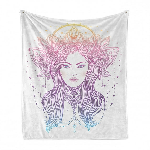 Colorful Soft Flannel Fleece Throw Blanket, Tribal Fusion Boho Beauty Divine Girl Ornate Crown and Lotus Flower, Cozy Plush for Indoor and Outdoor Use, 50" x 70", Multicolor, by Ambesonne
