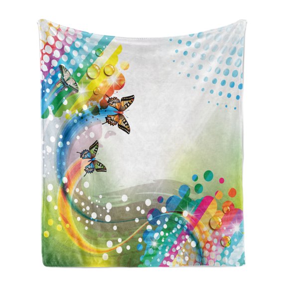 Colorful Soft Flannel Fleece Throw Blanket, Trippy Flying Butterflies with Colored Comet Bubbles Creative Design, Cozy Plush for Indoor and Outdoor Use, 50" x 60", Multicolor, by Ambesonne