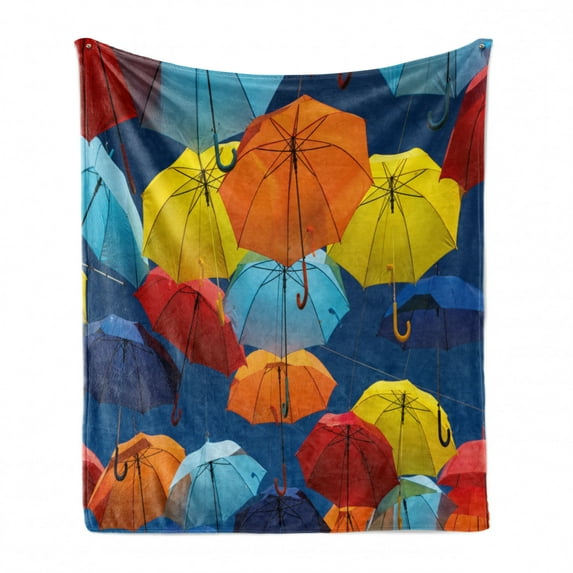 Colorful Soft Flannel Fleece Throw Blanket, Umbrellas Colors the Sky Traditional Portugal European Culture Picture, Cozy Plush for Indoor and Outdoor Use, 50" x 60", Multicolor, by Ambesonne