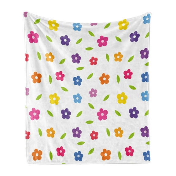 Colorful Soft Flannel Fleece Throw Blanket, Vibrant Colored Daisies Leaves Spring Nature Meadow Doodle Boys Girls Playroom, Cozy Plush for Indoor and Outdoor Use, 50" x 60", Multicolor, by Ambesonne