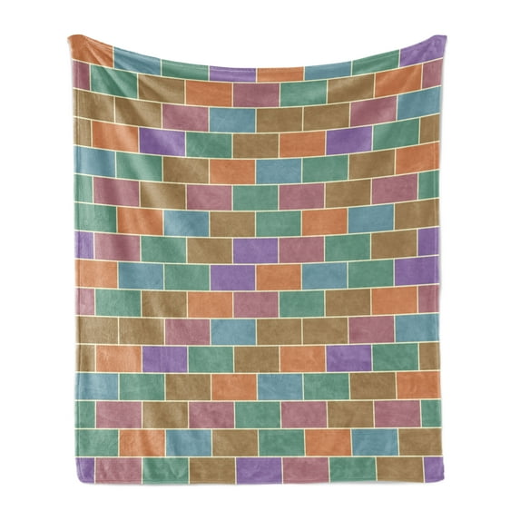 Colorful Soft Flannel Fleece Throw Blanket, Vintage Brick Wall Motif Geometric Rectangles Pattern Retro Design Inspirations, Cozy Plush for Indoor and Outdoor Use, 50" x 70", Multicolor, by Ambesonne