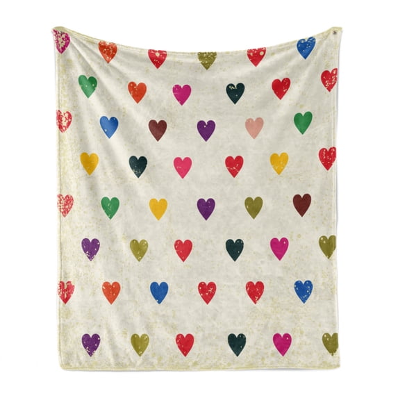 Colorful Soft Flannel Fleece Throw Blanket, Vintage Tile of Hearts with Distressed Grungy Look Valentine`s Day Love Theme, Cozy Plush for Indoor and Outdoor Use, 50" x 70", Multicolor, by Ambesonne