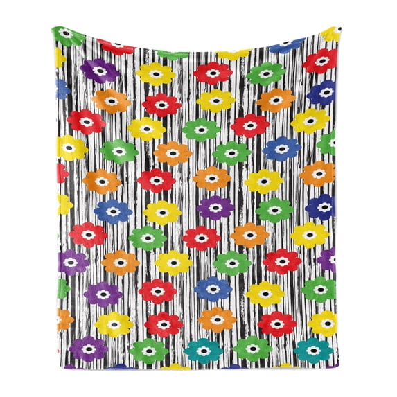 Colorful Soft Flannel Fleece Throw Blanket, Vivid Summer Petals on Hand Paint Grunge Stripes, Cozy Plush for Indoor and Outdoor Use, 60" x 80", Charcoal Grey and White, by Ambesonne