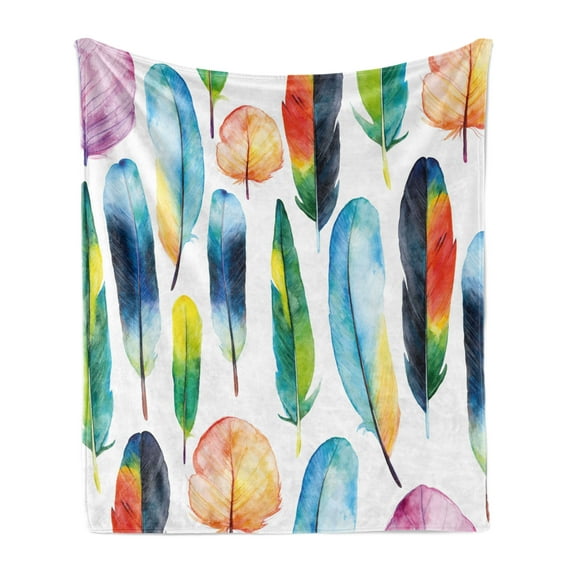 Colorful Soft Flannel Fleece Throw Blanket, Watercolor Feathers Hand Drawn Pattern Birds Animals Theme Illustration, Cozy Plush for Indoor and Outdoor Use, 60" x 80", Multicolor, by Ambesonne