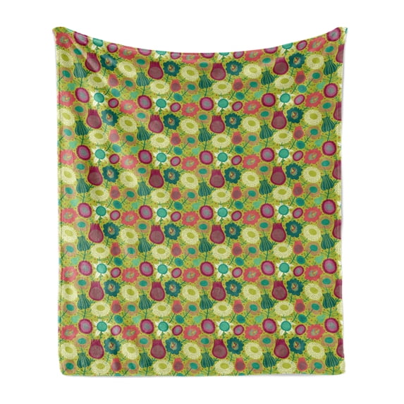 Colorful Soft Flannel Fleece Throw Blanket, Whimsical Pattern of Hand Drawn Style Flowers Creative Botanical Spring Fantasy, Cozy Plush for Indoor and Outdoor Use, 50" x 70", Multicolor, by Ambesonne