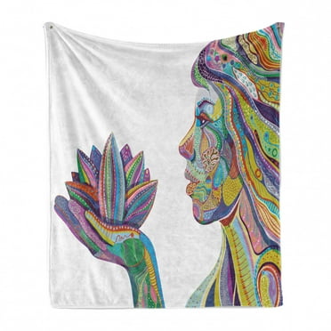 Colorful Soft Flannel Fleece Throw Blanket, Woman with Blooming Flower with Ornamental Stripes Lines Design, Cozy Plush for Indoor and Outdoor Use, 60" x 80", Multicolor, by Ambesonne