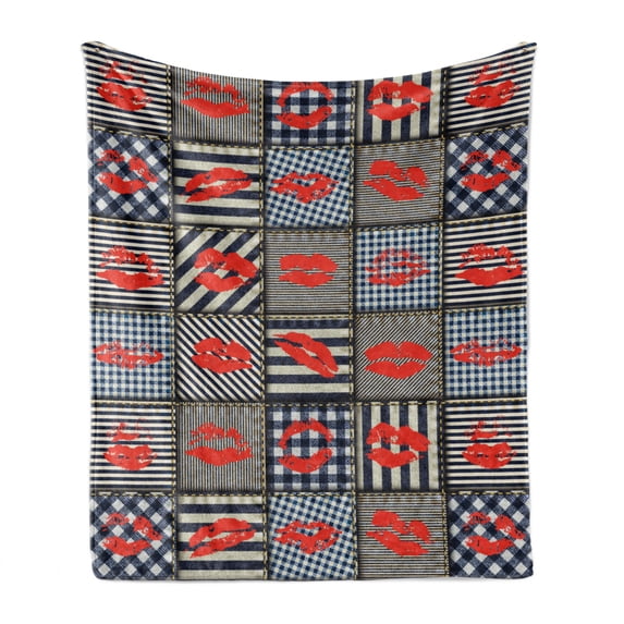Colorful Soft Flannel Fleece Throw Blanket, Woman Kiss Lipstick Forms on Striped Houndstooth Groovy Backdrop Pattern Art, Cozy Plush for Indoor and Outdoor Use, 60" x 80", Black and Red, by Ambesonne
