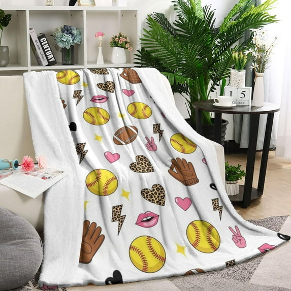 Colorful Softball and Fashion Icons Pattern Blanket,Comfortable Soft Lamb Wool Throw Blanket,All Season,Warm Lightweight Blankets for Sofa Bed Couch Living Room Chair,40"x50"