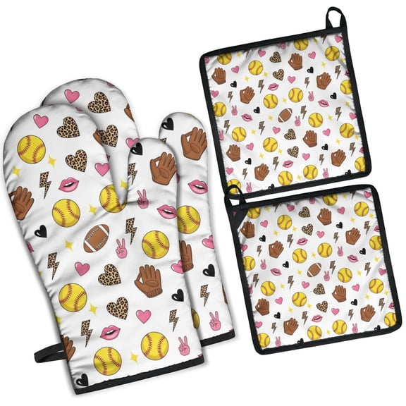 Colorful Softball and Fashion Icons Pattern Kitchen Oven Mitt and Pot Holder Sets 2 Pcs for Baking, Cooking and Grilling, Heat Resistant Up To 392 °F