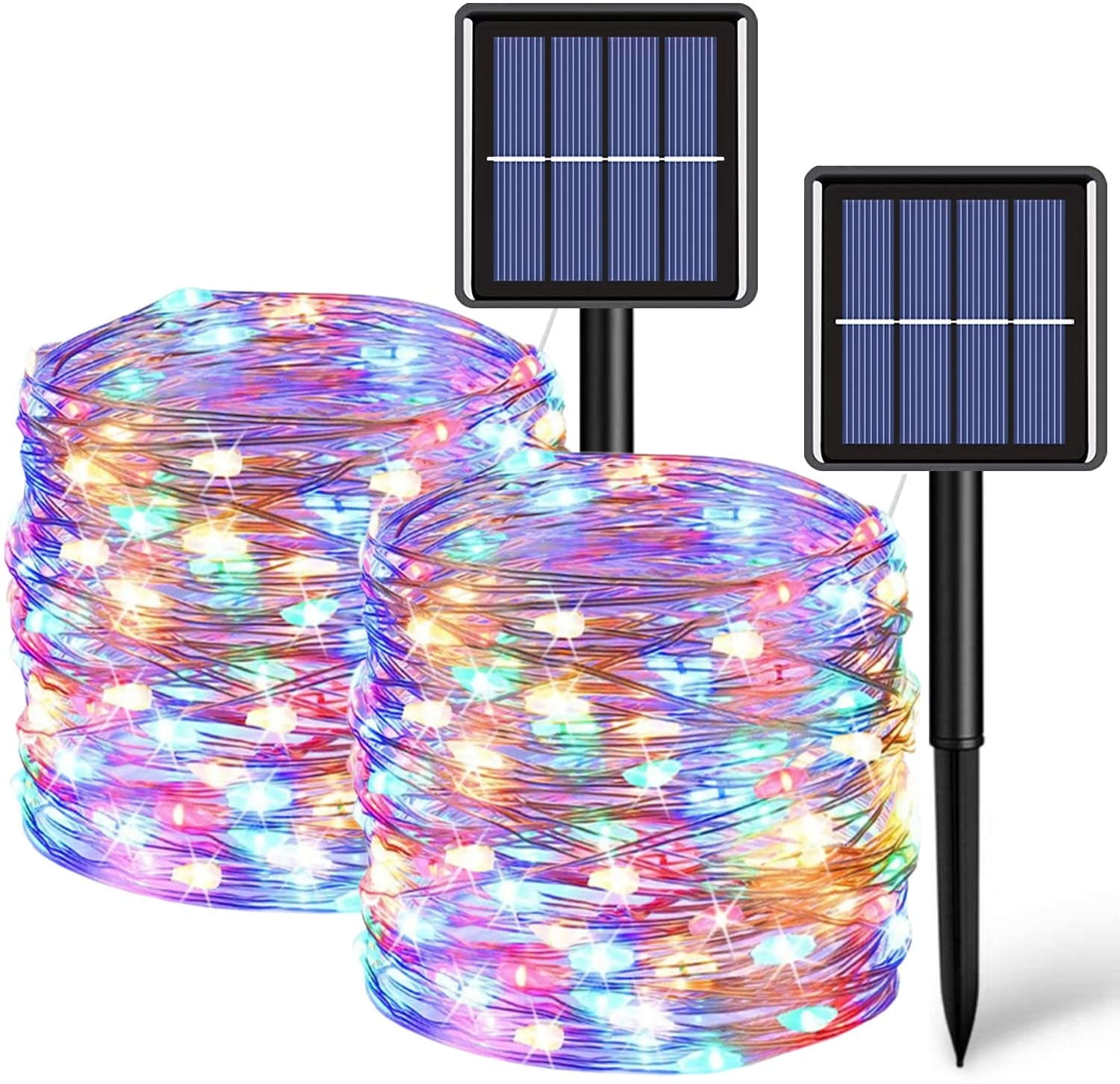 Colorful Solar Fairy Lights Outdoor Waterproof, 2 Pack Each 33ft 100 LED Solar String Lights, 8 Modes Silver Wire Solar Twinkle Lights for Halloween Christmas Patio Garden