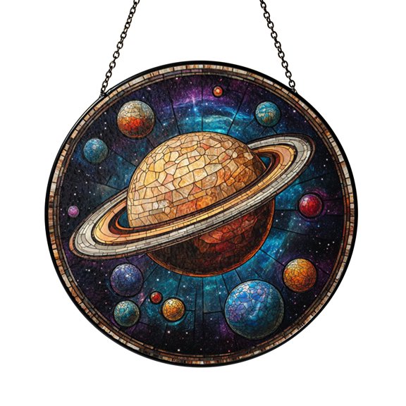 Colorful Solar System Planetary Design Stained Glass Style Window Suncatcher Decor, Science Theme Gift