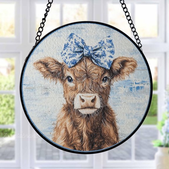 Baby Highland Cow Stained Glass Suncatcher Metal Outdoor Decor Farmhouse Rustic Blue and Brown