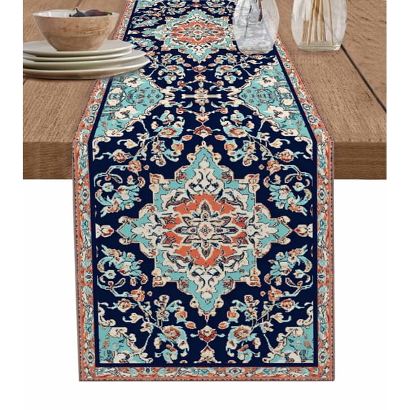 Colorful Southwest Burlap Cotton Table Runner 13x60 Inches Long, Boho Aztec Ethnic Abstract Flowers Farmhouse Table Runners, Outdoor Dining Tablecloths Decor for Baby Shower/Party/Wedding