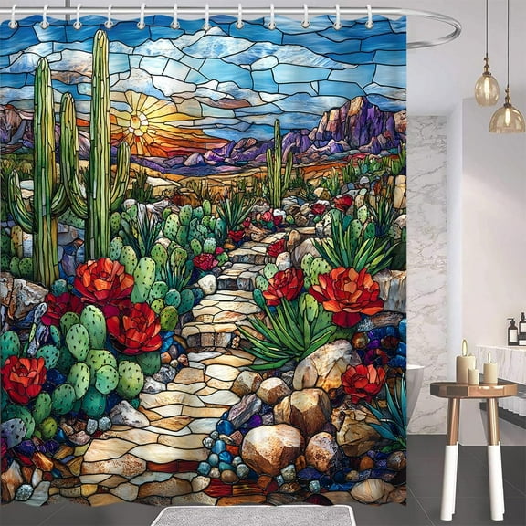 Colorful Southwestern Desert Sun Cactus Shower Curtain,Artistic Stained-Glass Design,Beautiful Abstract Boho Outdoor Western Landscape,Waterproof Polyester Fabric-72"W x 72"L (Pack of 1)