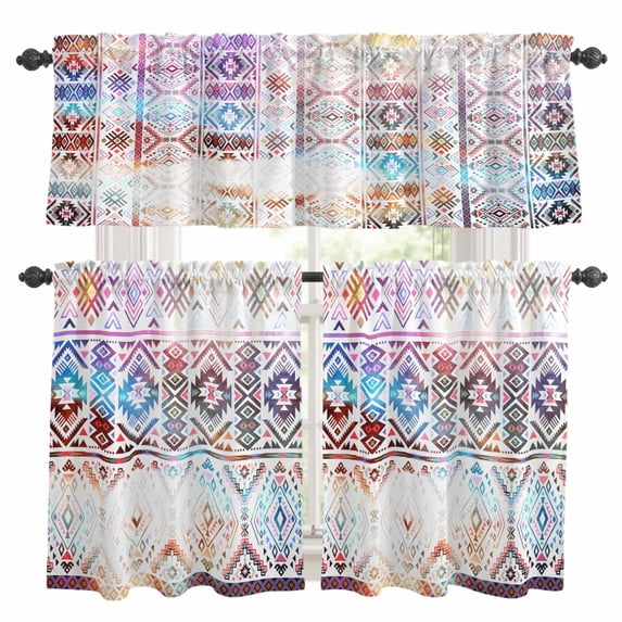 Colorful Southwestern Kitchen Curtains Sets for Windows 24 Inch Length, Modern Geometric Abstract Art Rod Pocket Window Treatments Tier Curtains and Valances Set for Bedroom/Bathroom