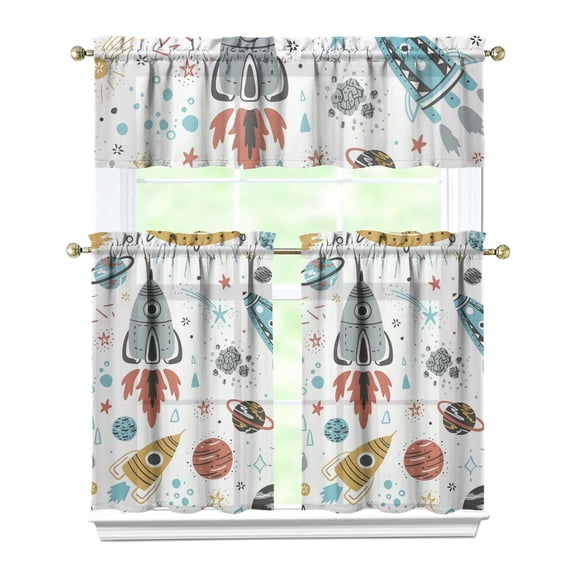 Colorful Space Galaxy Cartoon Kitchen Curtains Tier and Valance Set with Rocket Astronaut Moon Stars Pattern, Fun Playful Sketch Curtain Set for Kids Room, Nursery or Small Balcony