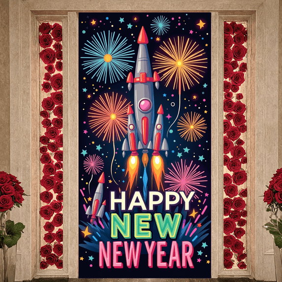 Colorful Space Rocket New Year Celebration Banner for Holiday Party Festive Event Indoor Decoration