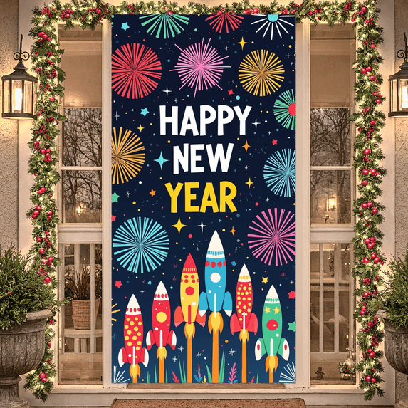 Colorful Space Rocket New Year Celebration Banner for Holiday Party Festive Event Indoor Decoration