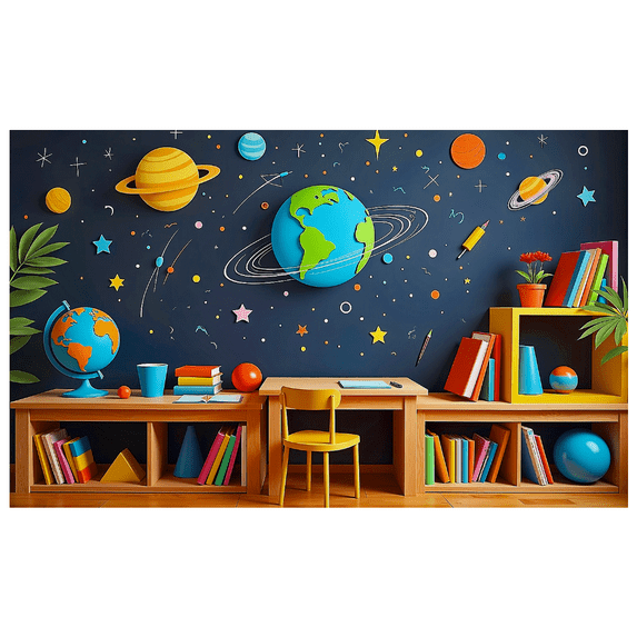 Colorful Space Themed Backdrop Banner with Planets Stars and Rockets for Kids Room Decor Party Supplies Photography Props and Classroom Decoration
