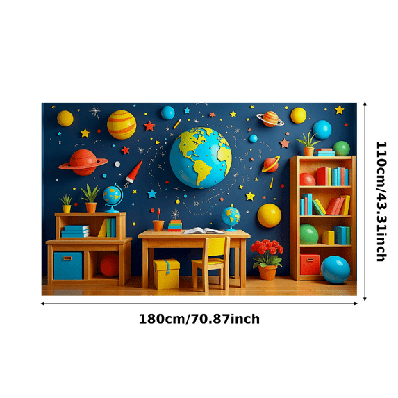 Colorful Space Themed Backdrop Banner with Planets Stars and Rockets for Kids Room Decor Party Supplies Photography Props and Classroom Decoration