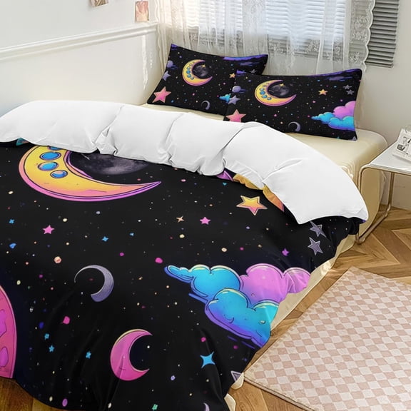Colorful Space with Moons And Stars 3D Duvet Cover Set Quilt Cover Theme of teenager for Bedroom Decoration