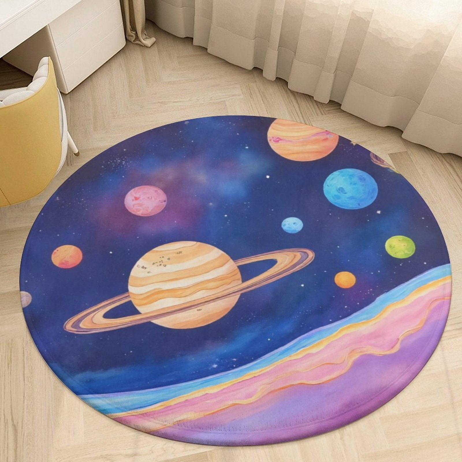 Space Round Rug Colorful Space with Planets Round Area Rugs for Bedroom Living Room ...