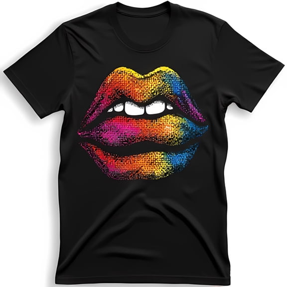 Colorful Sparkly Lips Design Black T-Shirt Shimmering Sequins
