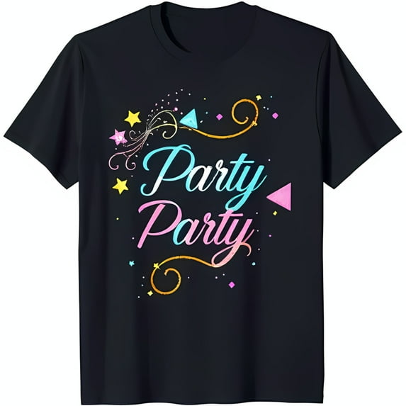 Colorful Sparkly Party Party Black T-Shirt with Stars & Swirls Design