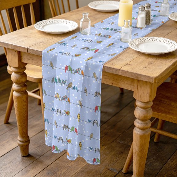 Colorful Sparrows 4.5ft Cheesecloth Table Runner for Wedding 19"x55", Watercolor Cute Birds Cables Snow Points Light Blue Kitchen Dinner Sheer Tulle Chiffon Dresser Scarf, Holiday Party Decorations