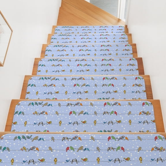 Colorful Sparrows Stair Treads Non Slip for Steps Watercolor Cute Birds Cables Snow Points Light Blue 4 Pcs Reusable Adhesive Stair Runner Mats for Pet Elders Carpet Treads Rugs for Staircase 8x30 In
