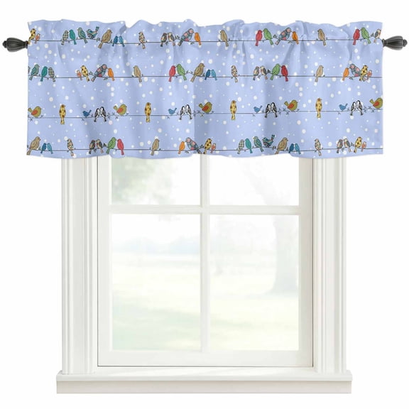 Colorful Sparrows Valances for Windows Watercolor Cute Birds Cables Snow Points Light Blue Rod Pocket Curtain Valance Window Treatment Short Curtains for Kitchen Living Room, 42"x12"