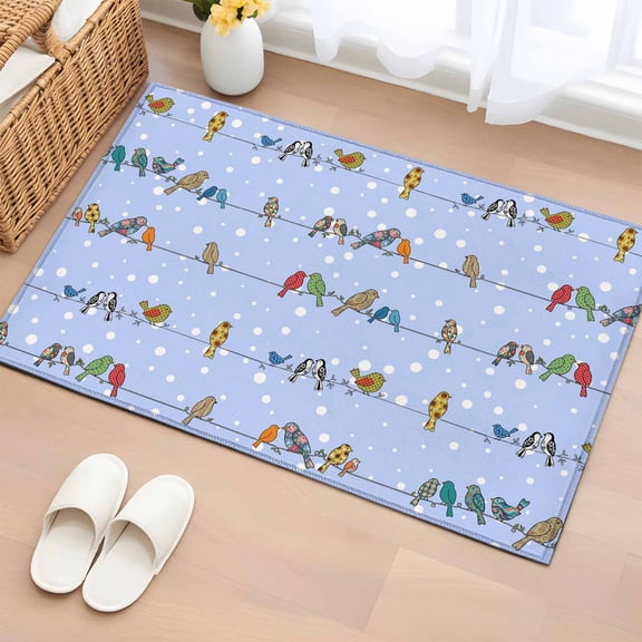 Colorful Sparrows Washable Small Entryway Area Rugs 2'x3', Watercolor Cute Birds Cables Snow Points Light Blue Low Pile Throw Rug Non-Slip Sturdy Edge Binding Carpet for Front Door Floor Room Entry