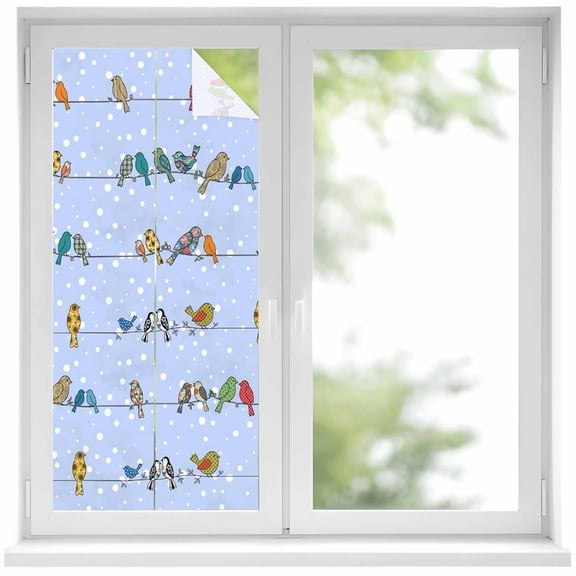 Colorful Sparrows Window Privacy Film, Watercolor Cute Birds Cables Snow Points Light Blue Frosted Glass Window Clings Static Cling UV Heat Blocking Reusable Sticker for Bathroom 19.6 x 39.3 Inch