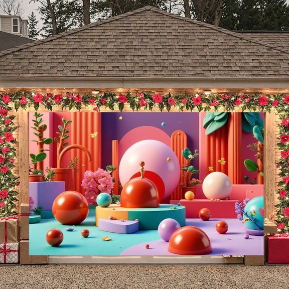 Colorful Spheres Colorful Decor Banner Pink Flowers Floral Backdrop Green Plants Geometric Shapes Garden Party Background for Spring Party Indoor Celebration Photo Shoot Backdrop