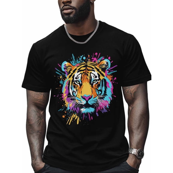 Colorful Splash Tiger Men's T Shirts T-Shirt for Men Crew Neck Tees Cotton Tops, Black, M