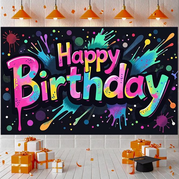 Colorful Splatter Banner Artistic Style Birthday Party Banner Multicolor Design Graffiti Effect Celebration Banner for Birthday Party Indoor Celebration Kids Party