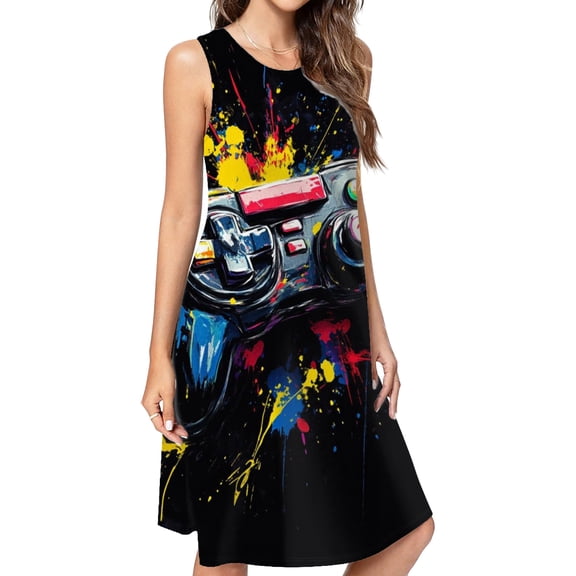 Colorful Splatter Game Controller Art Dress Elegant Party Dresses Evening Dresses Women Dress Sleeveless Dress Ladies Dresses