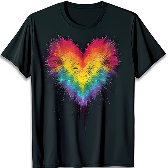 Colorful Splatter Heart Black T-Shirt Dripping Design