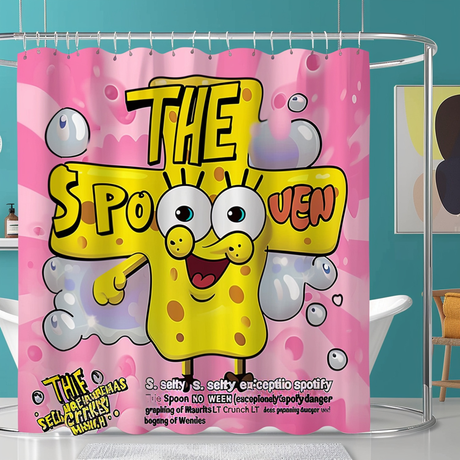 Colorful SpongeBob SquarePants Themed Shower Curtain with Fun Text and