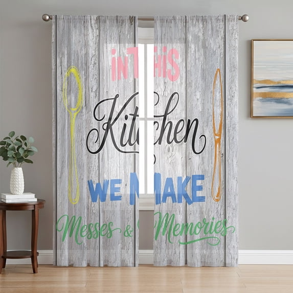 Colorful Spoon Knife Kitchen Sheer Curtains 72 Inches Long, Rustic Grey Wooden Light Filtering Window Curtains for Living Room/Bedroom, Rod Pocket Voile Sheer Curtain Drapes, 52"W x 72"L, 2 Panels