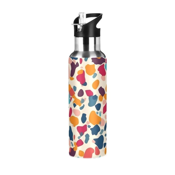 Colorful Spots Sports Bottle with Straw Stainless Steel Water Jug Portable Thermal Cup Leak-proof 600ML