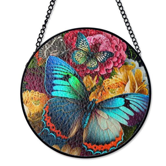 Colorful Spring Butterfly Suncatcher Stained Glass Style UV Printed Glass Mother Day Gift Round