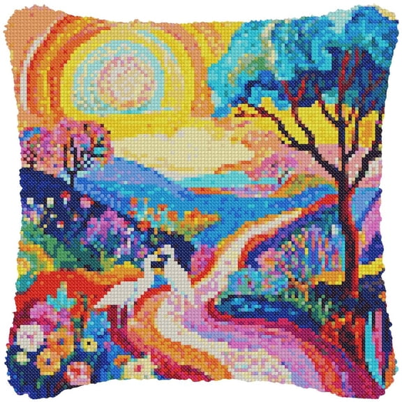 Colorful Spring Drawing Cross-Stitch Pillow DIY Kit Fully Openable Zipper Design Pillowcase 11CT Counted Needlepoint Handmade Cushion Pre-Printed Pattern Eco-friendly Cotton and Linen 45x45cm