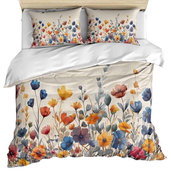Colorful Spring Floral Bedding 3 Piece Duvet Cover Set Twin Size, Elegant Summer Botanical Rustic Soft Microfiber Comforter Cover with Zipper Closure & Pillowcases, FadeResistant Quilt Cover