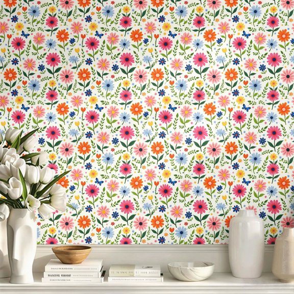 Colorful Spring Floral Boho Cute Stick Wallpaper, Wall Art Wall Decor Art Print, Whimsical Home Wall Decoration for Bedroom Living Room Dorm Apartment, Trendy Rustic Flower Peel and Stick Wallpaper